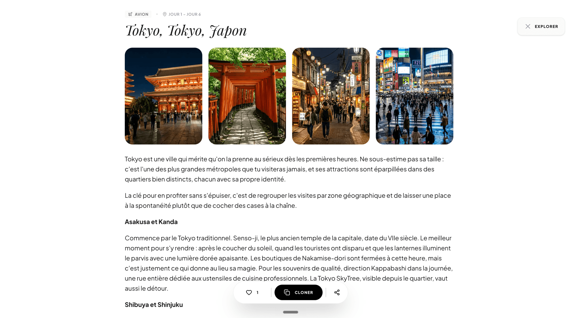 Exemple de carnet de voyage publié dans le Planner, avec photos et récit du séjour à Tokyo