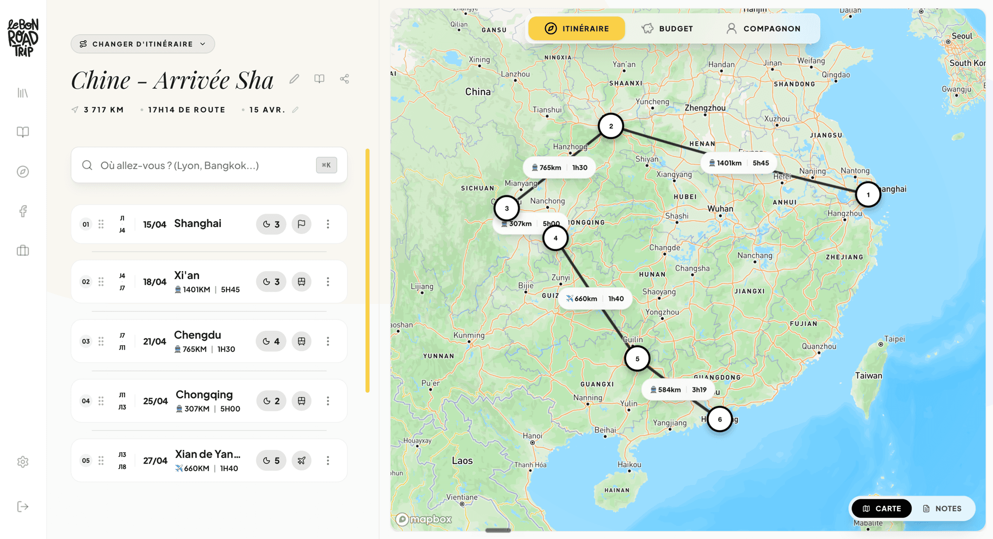 Itinéraire d'un road trip en Chine dans le Planner, avec la carte et les distances calculées entre chaque étape